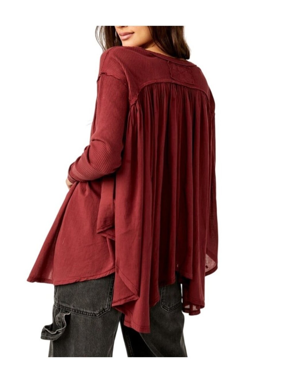 Free People We The Free Lyrical Flowy Tunic Top Ribbed Sleeves Burgundy Small